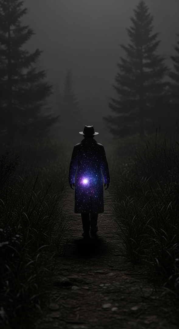 Solitary Figure with Cosmic Stars in Coat Walking Through Misty Dark Forest