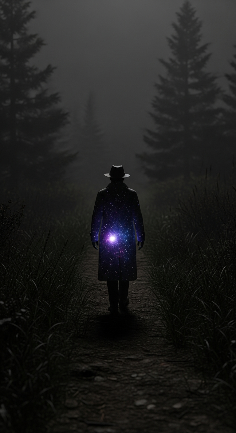 Solitary Figure with Cosmic Stars in Coat Walking Through Misty Dark Forest - Free 4K mobile Wallpaper