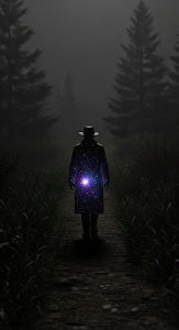 Solitary Figure with Cosmic Stars in Coat Walking Through Misty Dark Forest