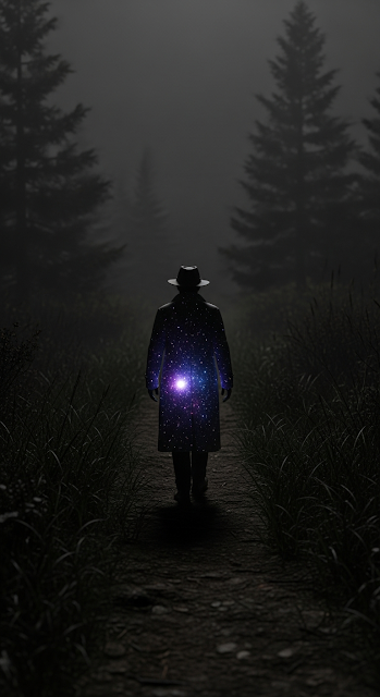 Solitary Figure with Cosmic Stars in Coat Walking Through Misty Dark Forest - Free mobile Wallpaper