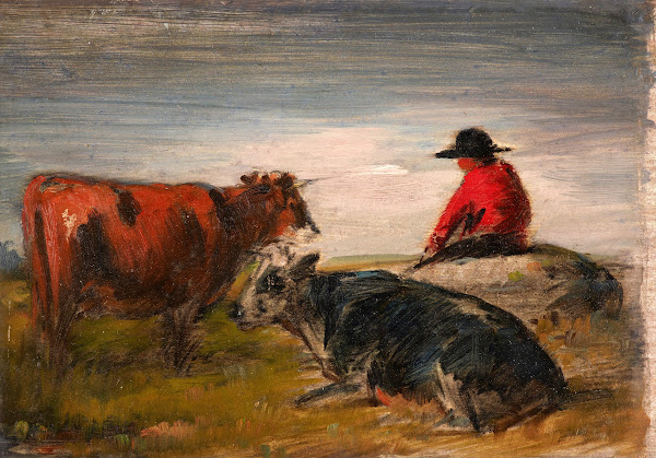 Shepherd with cows circa 1885
