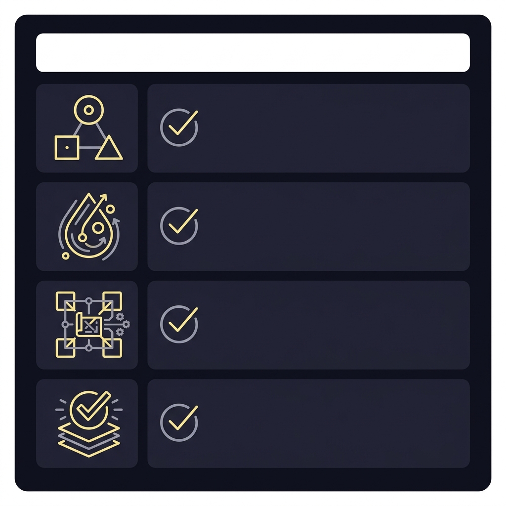 Minimal 2D vector checklist infographic for evaluating darkhorseodds showing four simple icons for source liquidity models and confirmation on a dark Funded Plays background