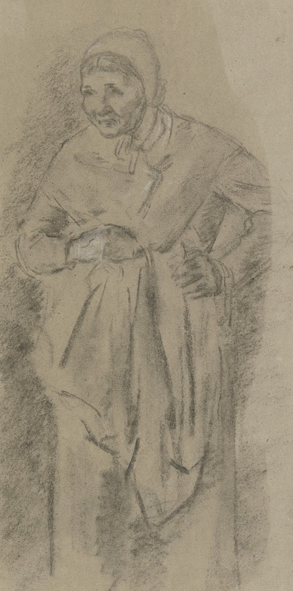 Standing old farmwoman