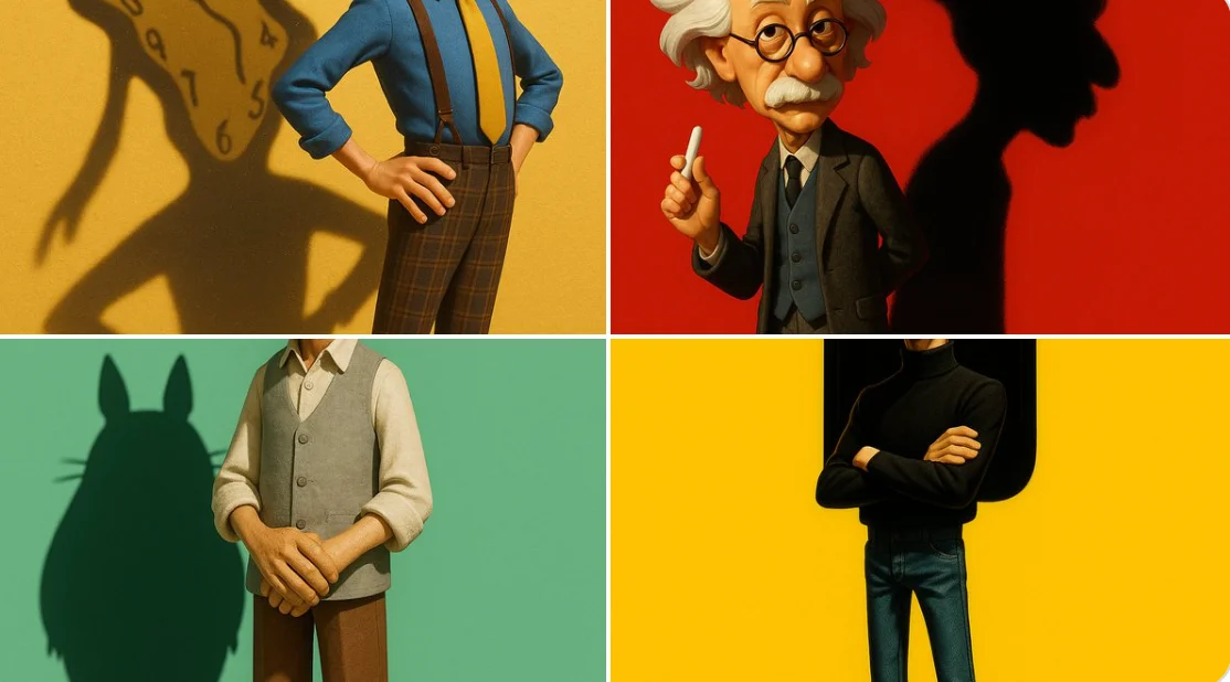 Personaje 3D de Salvador Dalí al estilo Pixar con sombra de reloj derretida.