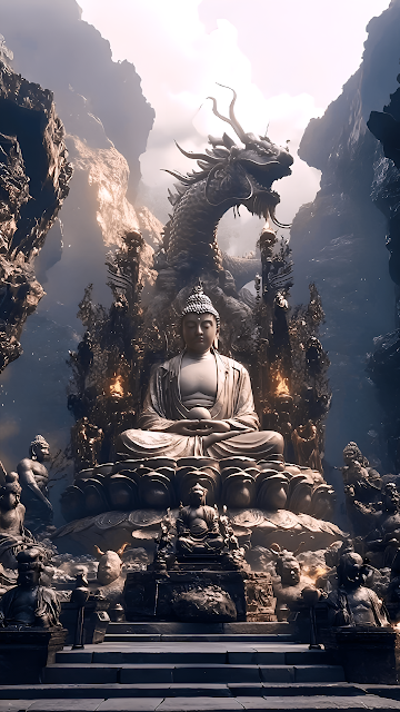 Monumental Buddha Statue Dragon Throne Spiritual Temple Art - Free mobile Wallpaper