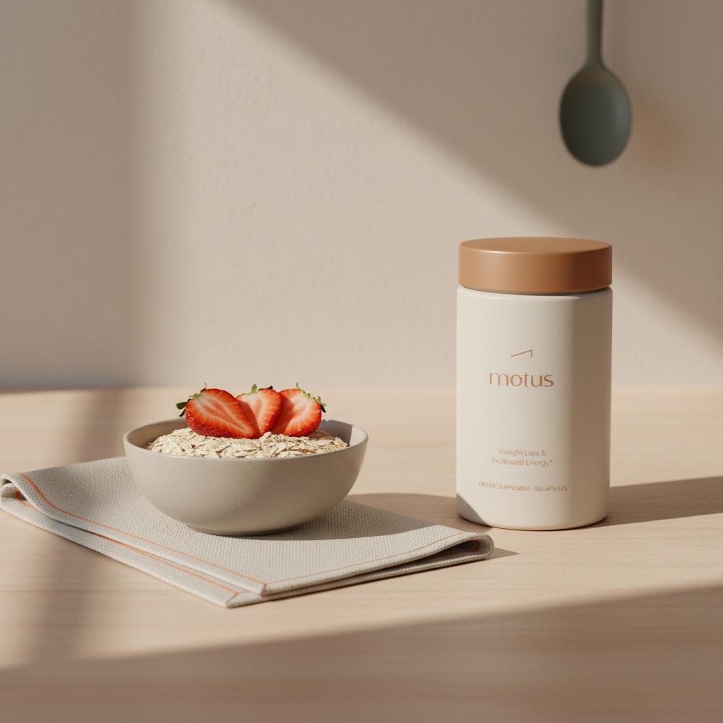 Tonum Motus container on a light wood countertop next to a bowl of oats, fresh strawberries and a folded napkin in a minimalist Tonum-styled wellness scene — probiotics for sugar cravings