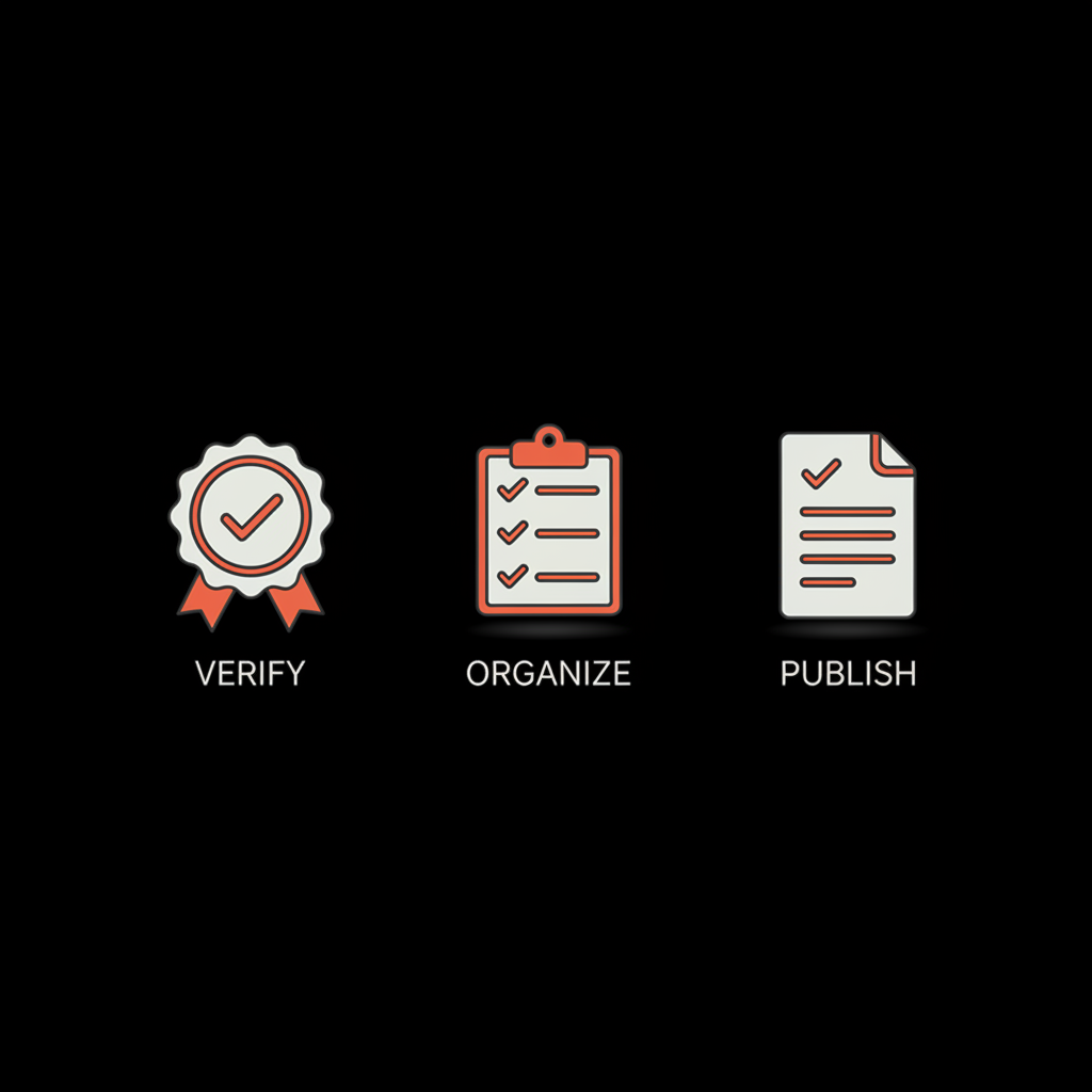 Minimal vector infographic of a verification badge, checklist, and document icon on a black background in brand colors illustrating how to get IG verified