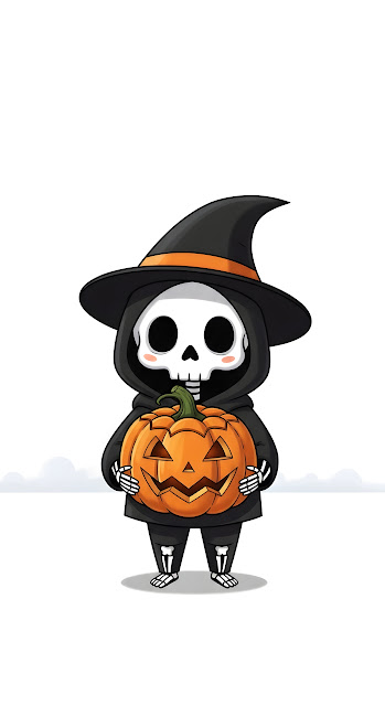 Cute Chibi Grim Reaper Holding Halloween Jack-O-Lantern - Free mobile Wallpaper