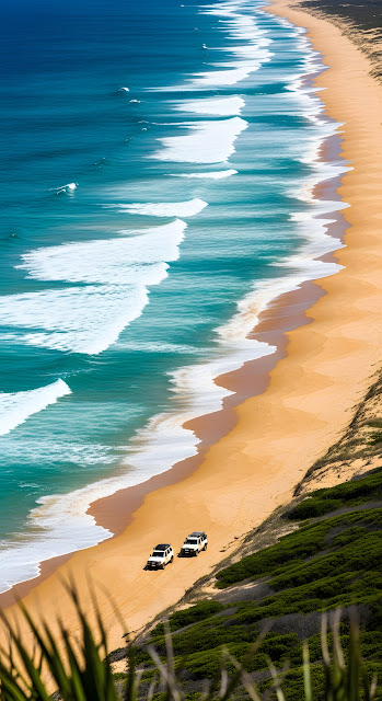High Angle View of Turquoise Ocean Waves Meeting Sandy Beach and 4x4 Vehicles - Free mobile Wallpaper