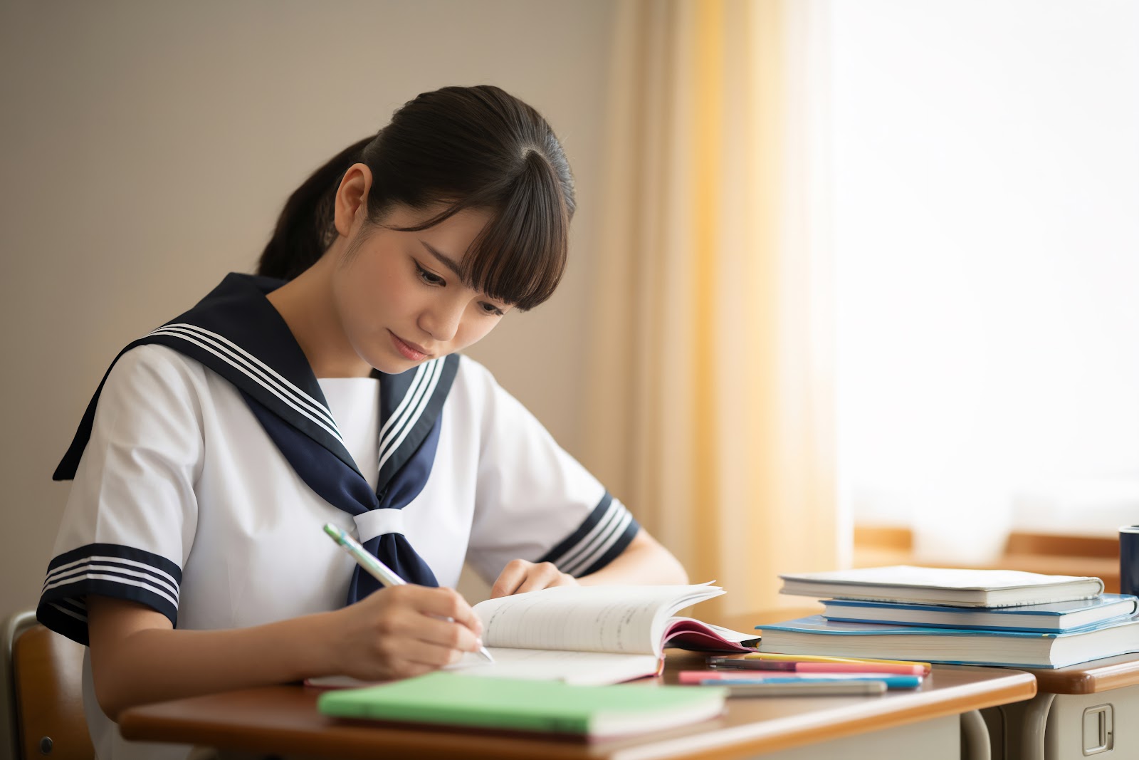 机に向かって勉強する制服姿の生徒
