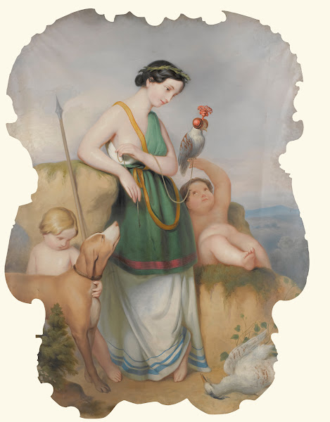 Girl With Two Children Hound And Birds 19th Century