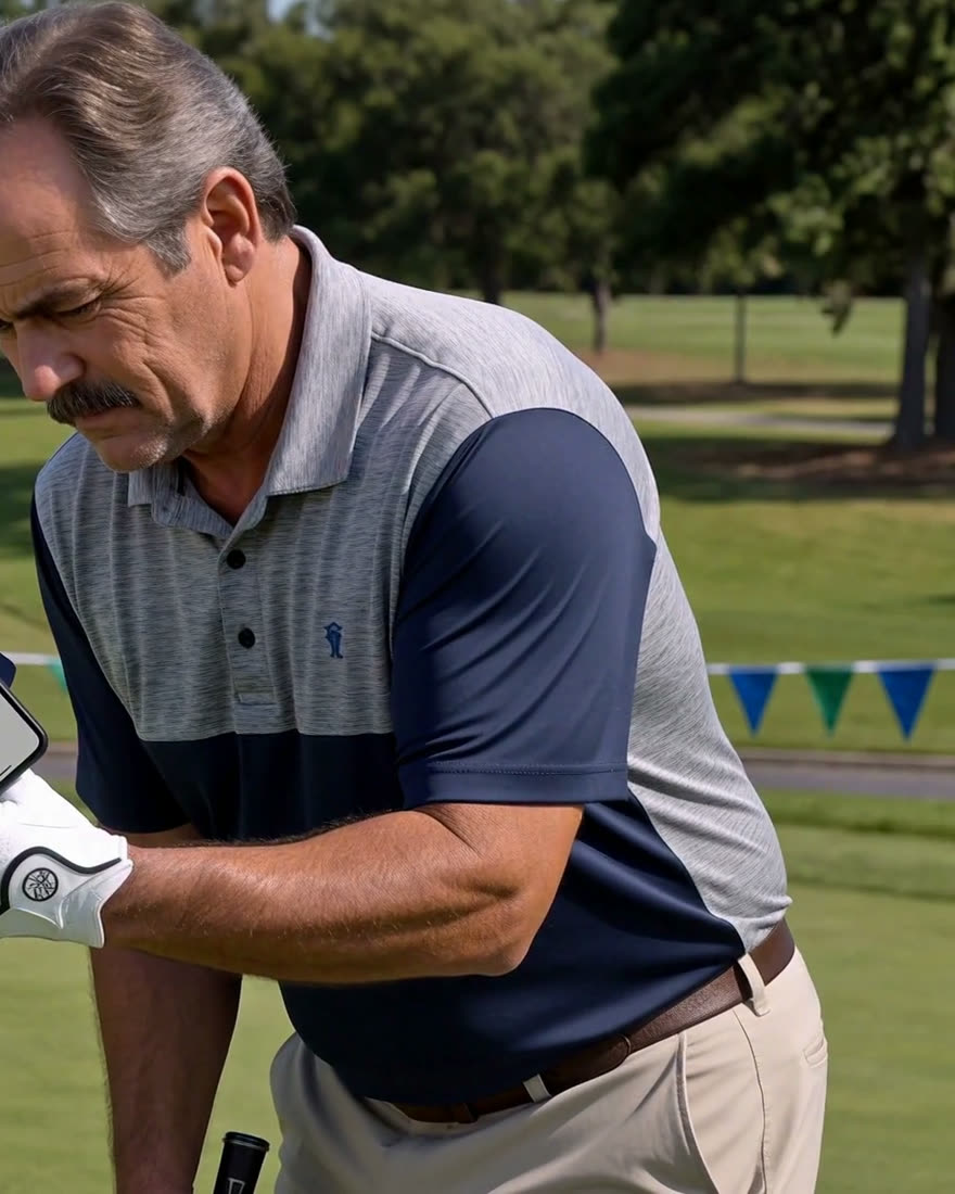Gary Nunez on the course — colourblock polo, checking his phone
