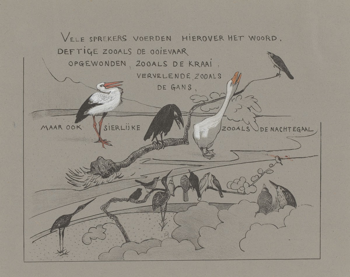 Tekstblad met vogels onder andere roerdomp gans ooievaar en kraai 1892