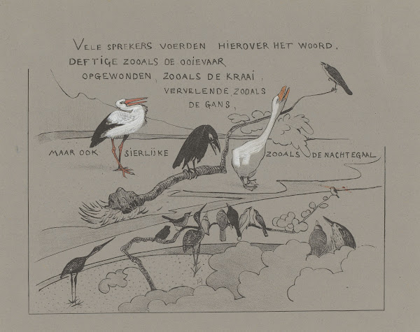 Tekstblad met vogels onder andere roerdomp gans ooievaar en kraai 1892