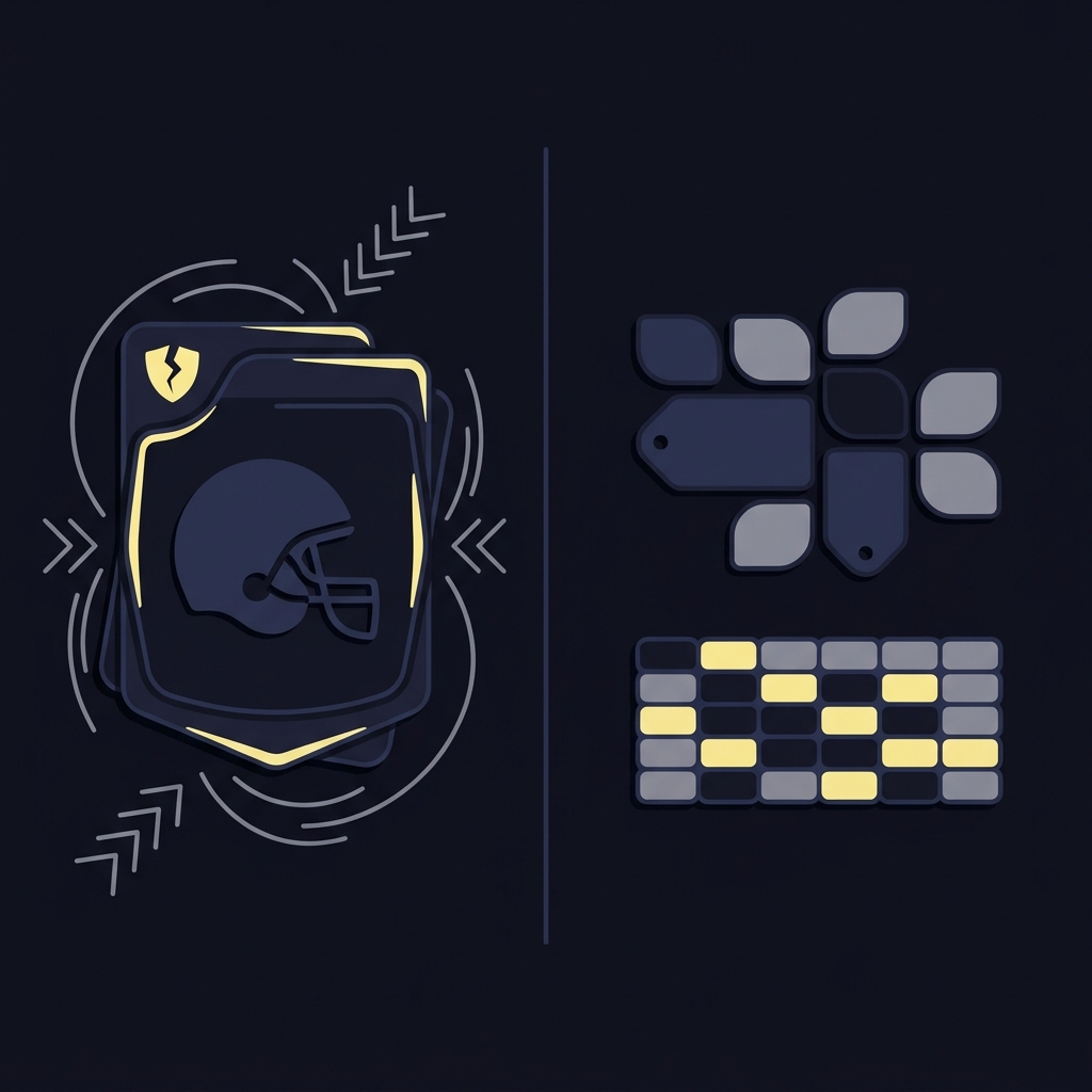 Minimalist 2D vector split image showing a symbolic helmet under pressure and a small color coded grid highlighting turnover worthy plays illustrating How Turnover Luck Affects NFL Results