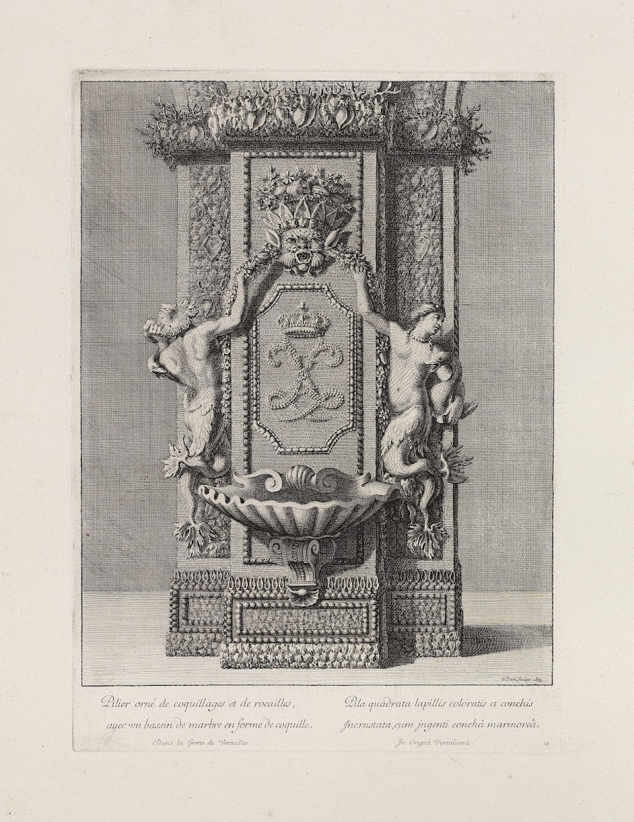 Pillar decorated with shells and stones with a marble basin shaped like a cockle
