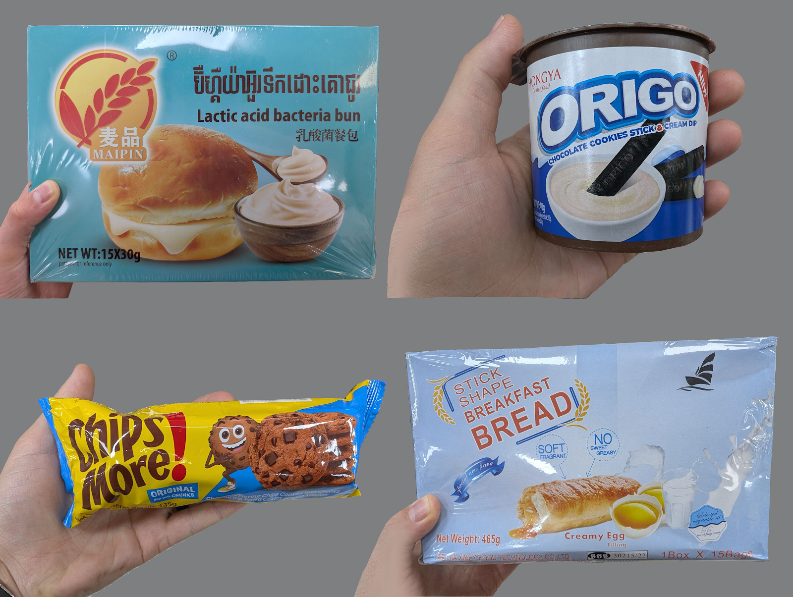 Photo collage of four Cambodian snakcs: lactic acid bacteria
                 buns, Origo chocolate cookies stick & cream dip, Chips More,
                 and Stick Shape Breakfast Bread