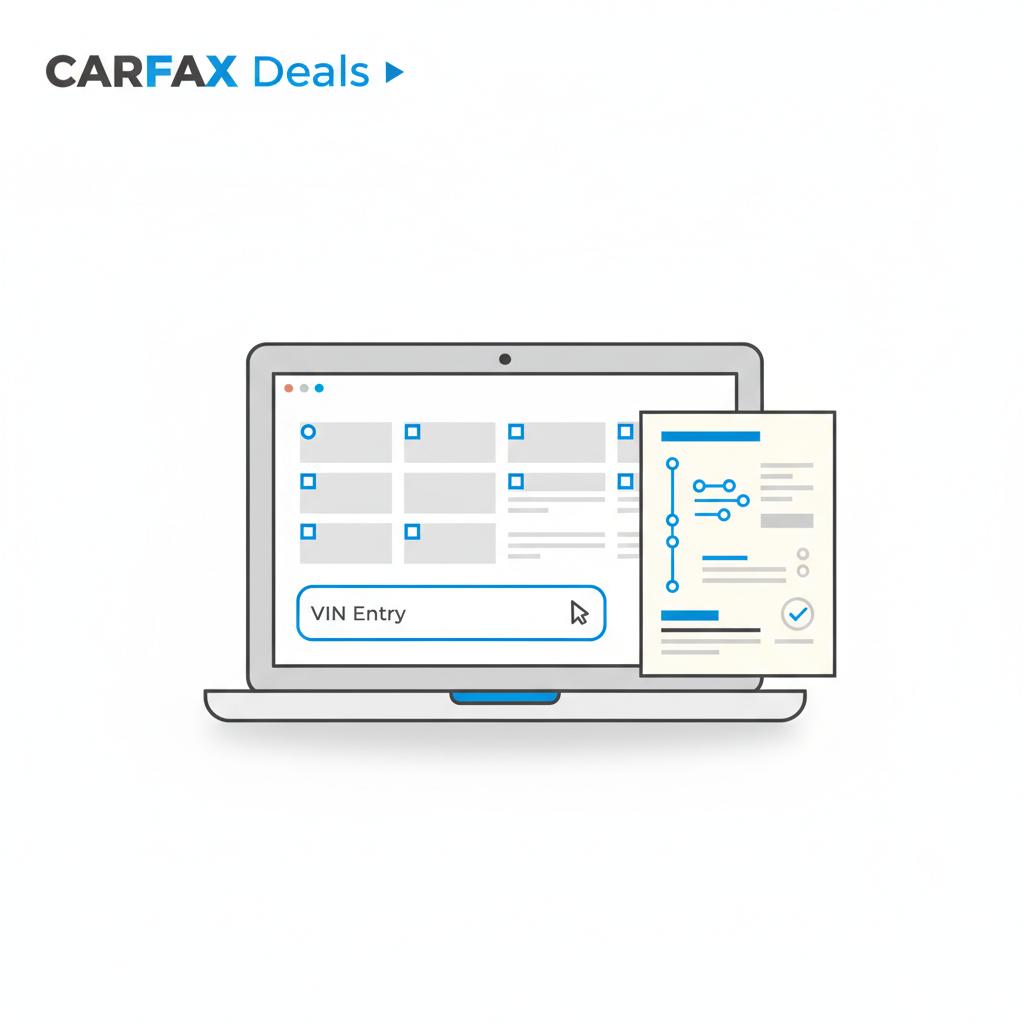 Minimalist 2D vector of laptop showing dealer listing with empty VIN entry field and printed vehicle history report beside it camaro zl1 for sale