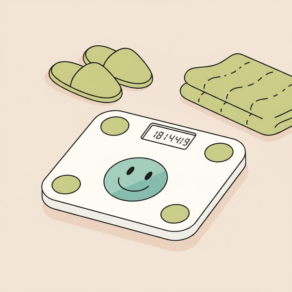 Nahaufnahme einer minimalistischen 2D-Vektorwaage mit Smiley-Display, umgeben von gemütlichen Hausschuhen und gefalteter Textilie in Vegardians-Farben – Supplemente für Frauen