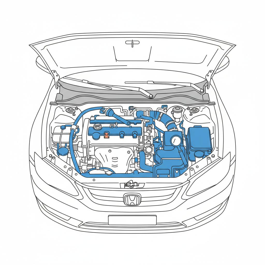 Minimalist 2D vector of open engine bay of a used Honda Civic with inspection tools on white background used honda civic for sale