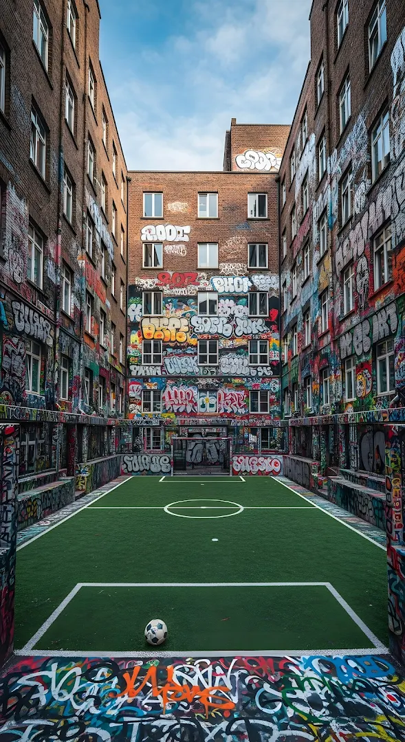 Urban Courtyard Football Pitch Covered in Graffiti