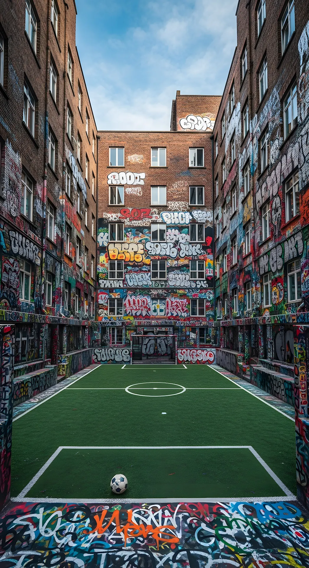 Urban Courtyard Football Pitch Covered in Graffiti - Free 4K mobile Wallpaper