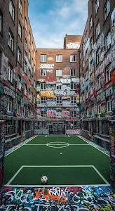 Urban Courtyard Football Pitch Covered in Graffiti