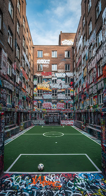 Urban Courtyard Football Pitch Covered in Graffiti - Free mobile Wallpaper