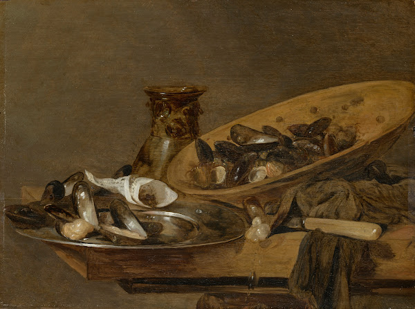 Mussels in pewter and earthenware plates with an upturned roemer on a wooden tab