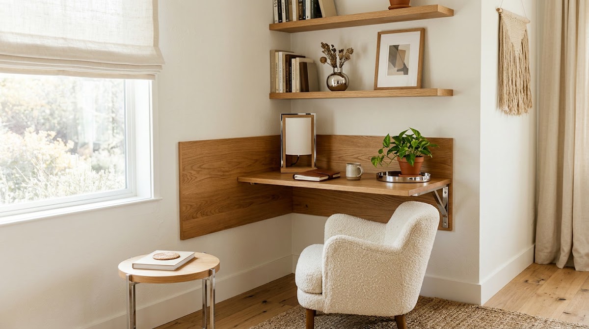How to Make Chrome and Oak Decor Feel Cozy, Not Clinical - chrome decorative objects arranged on a warm wood console