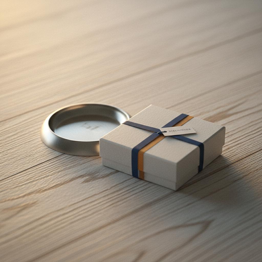 Detailaufnahme: schön verpackte Geschenkbox und gravierte Metall‑Ringschale auf Holz – geschmackvolle geschenke zur verlobung im industriell‑eleganten Stil.