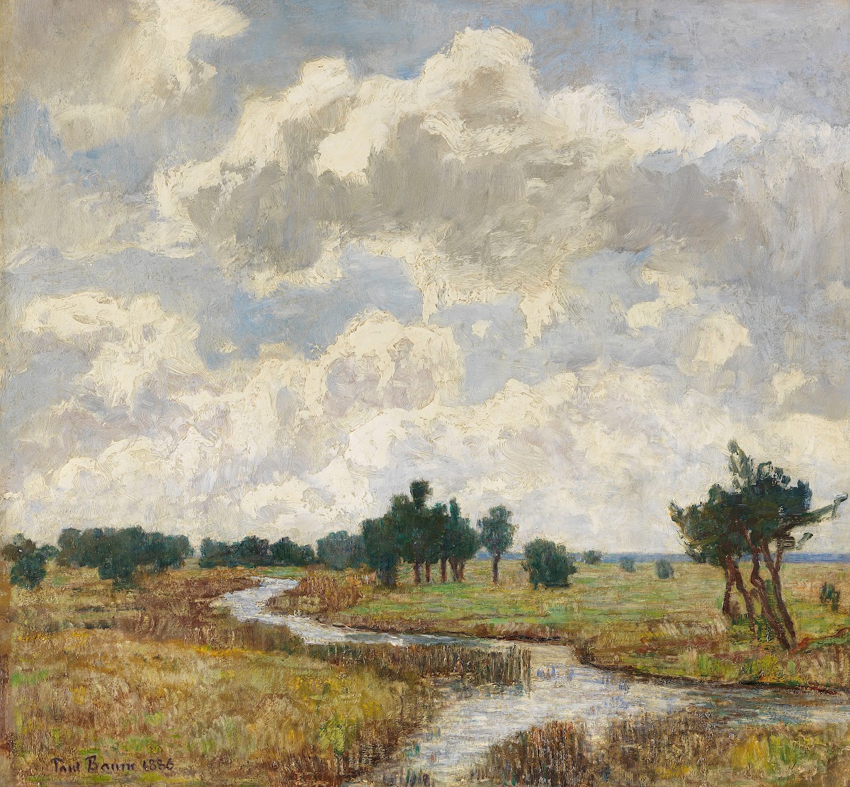 Sonnig wolkiger Himmel über moorigen Wiesen mit Bachlauf 1886