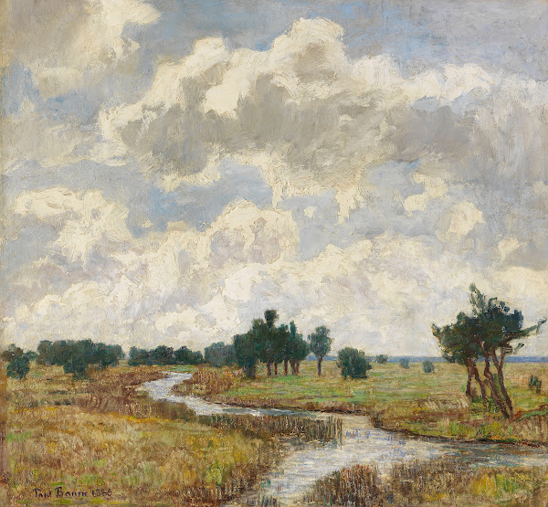 Sonnig wolkiger Himmel über moorigen Wiesen mit Bachlauf 1886
