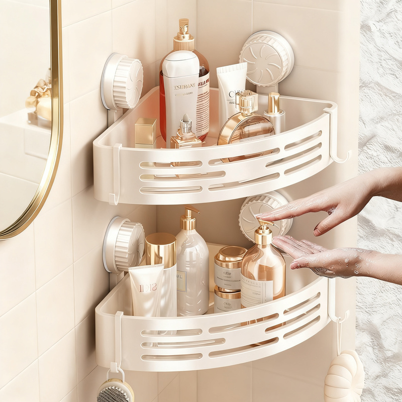 Triangular shelf with suction cup, ABS, for bathroom