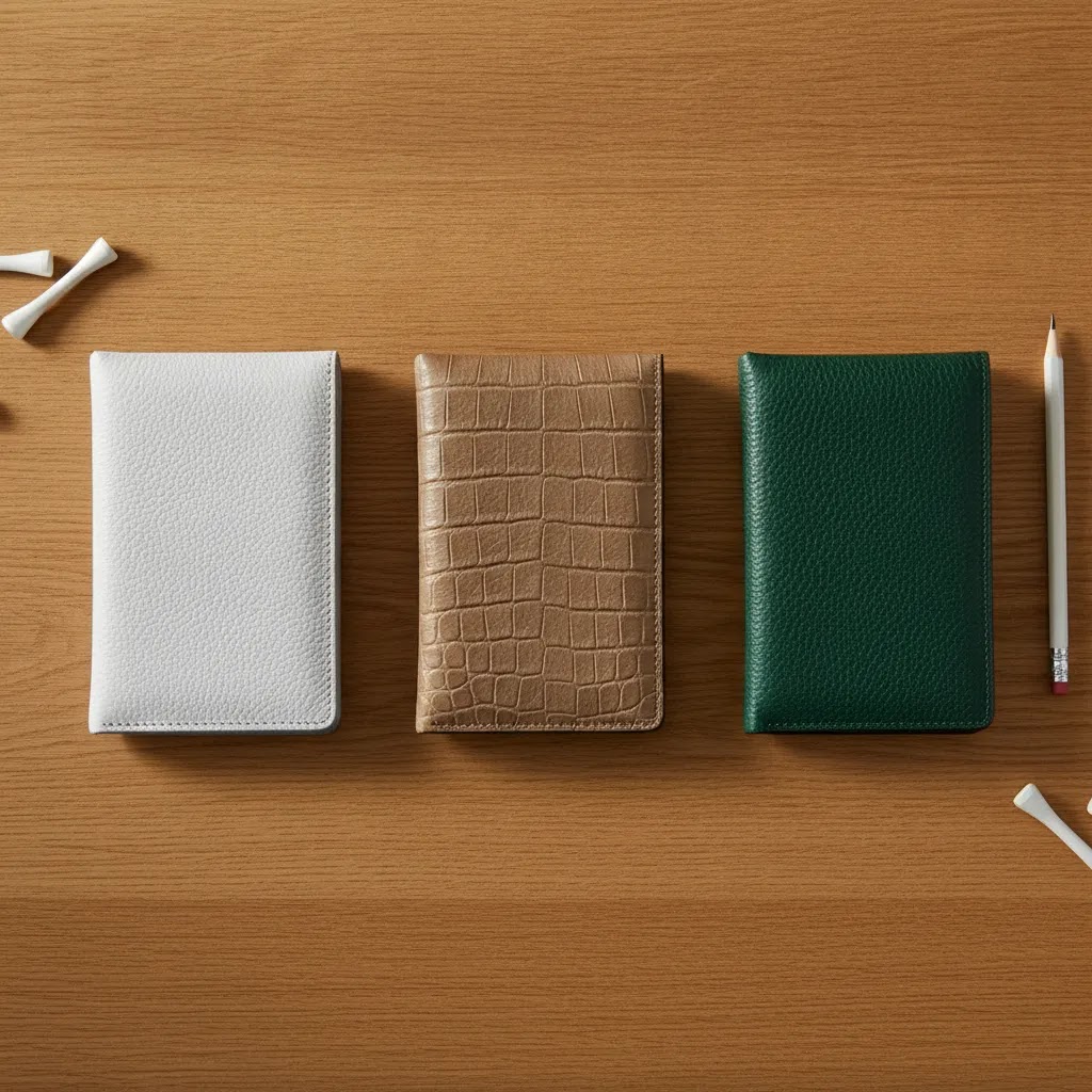 Personalized golf accessories for women comparison showing white, taupe alligator, and green leather scorecard holders