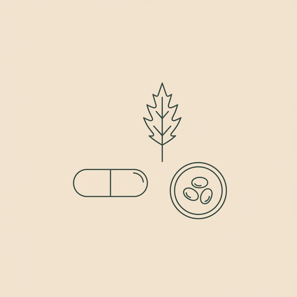 Minimalist line illustration of a capsule, milk thistle leaf, and soybeans on a small plate on a beige background — who should not take Estroven
