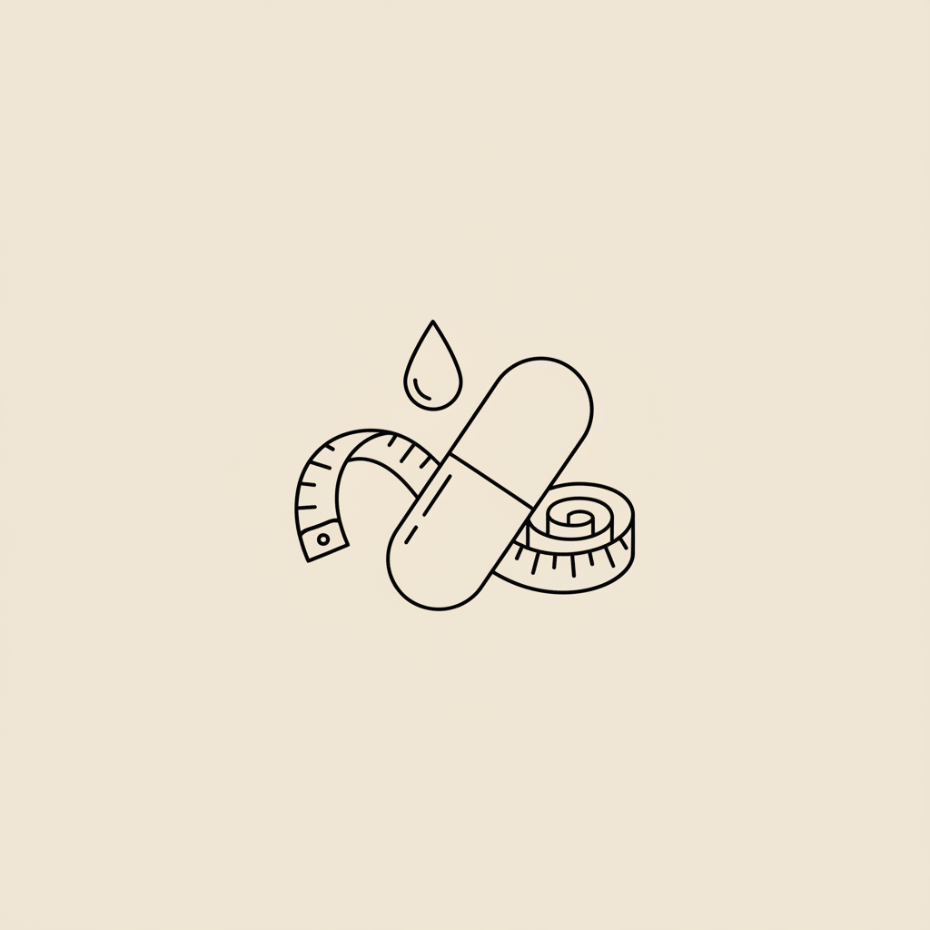 Minimal Tonum-style line illustration of a capsule, measuring tape, and water droplet on beige background representing creatine supplementation, measurement and hydration.