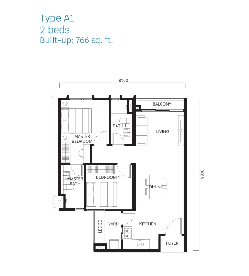 Stellaris Riana Dutamas Type A1 floor plan — 766 sq ft, 2 bedrooms