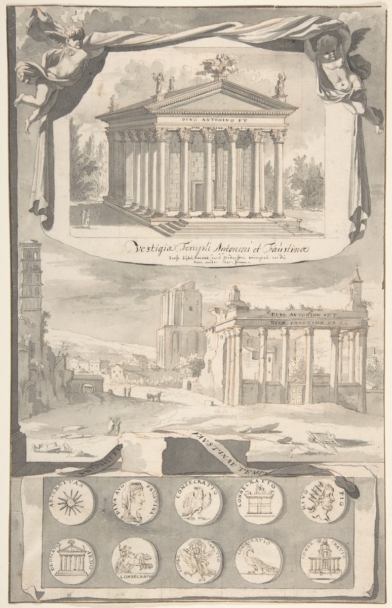 A Reconstruction of the Temple of Antonious and Faustina above and a View of the