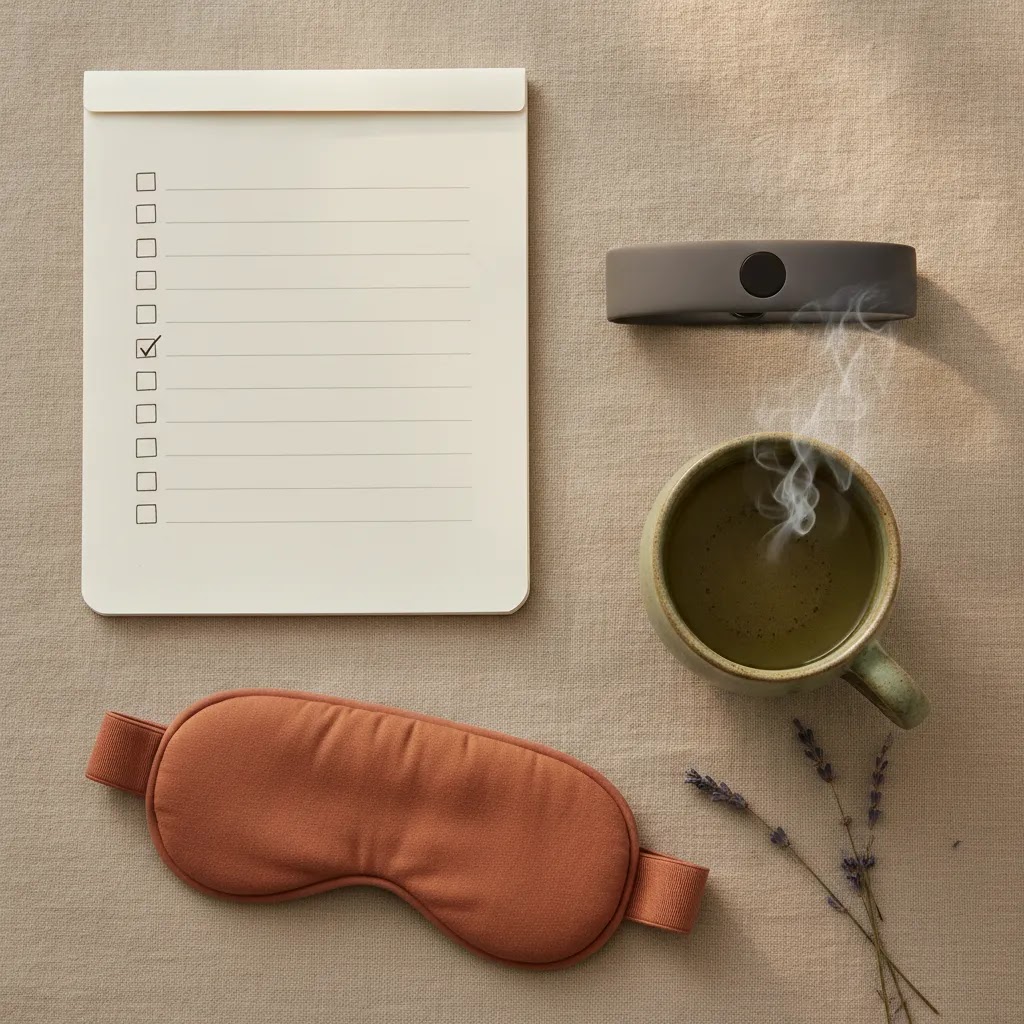 Stress level tools including a journal, wearable, and sleep cues in a clean flat lay