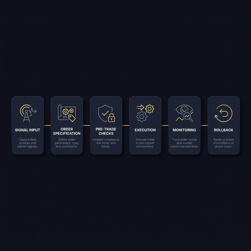 Minimalist horizontal flowchart showing signal input order specification pre trade checks execution monitoring and rollback on dark Funded Plays background How to Set Live Trading Entry Rules