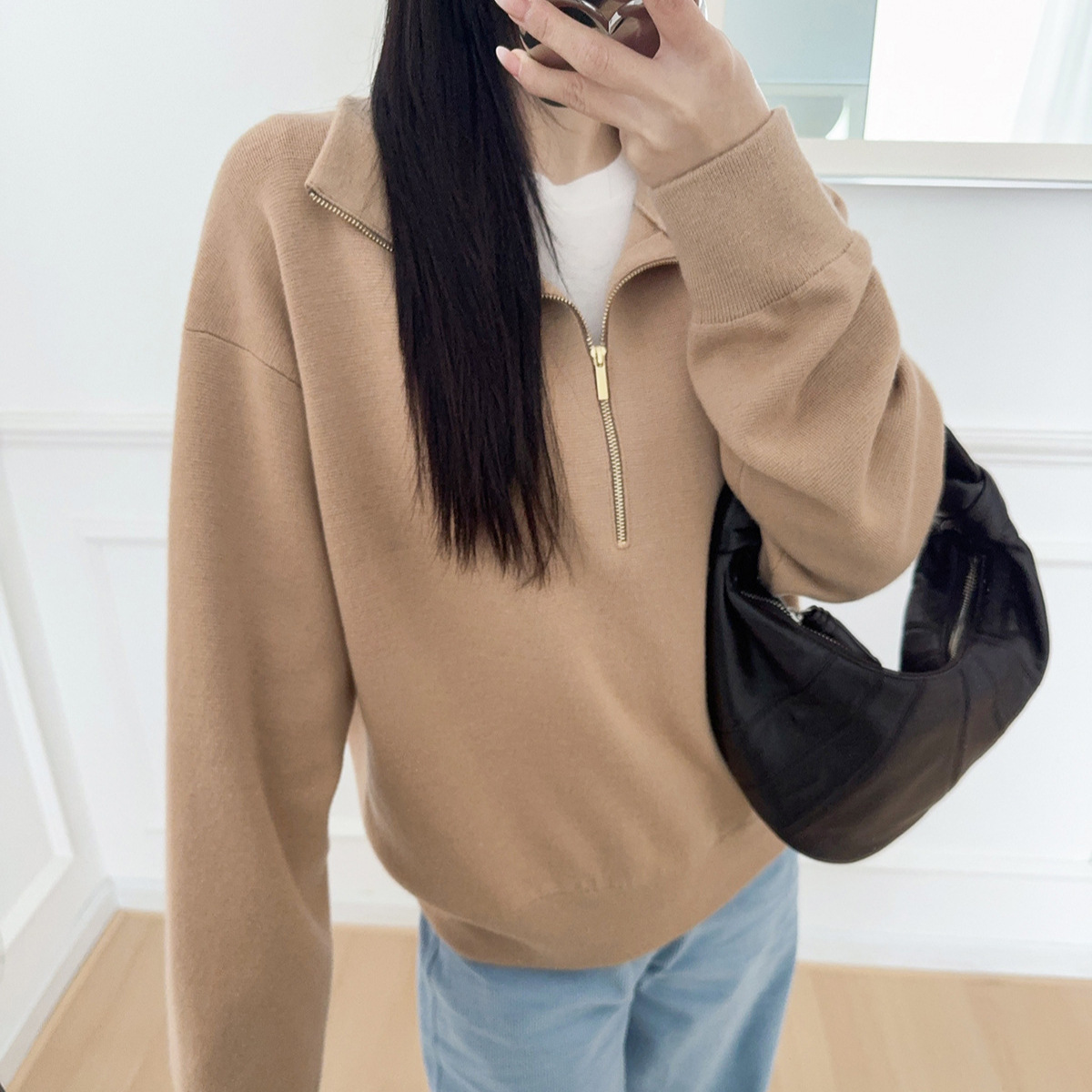 Damen-Strickpullover mit Reißverschluss und Stehkragen