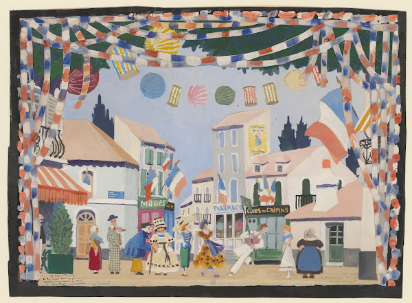 La Rosière du village  maquette de décor  place de village pavoisée 1936