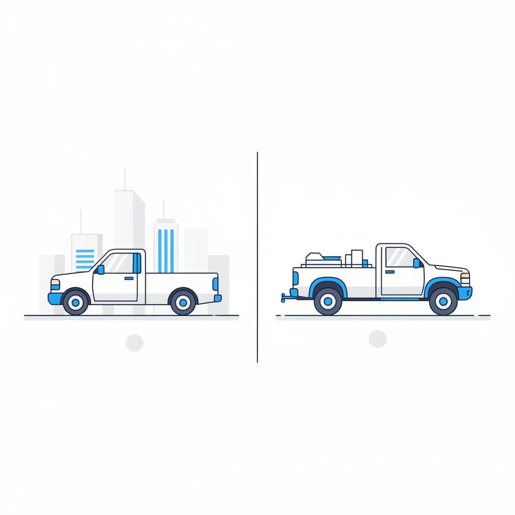 Minimal 2D vector side by side comparison of a compact pickup on a city street and a full size pickup towing a trailer at a worksite used truck for sale near me