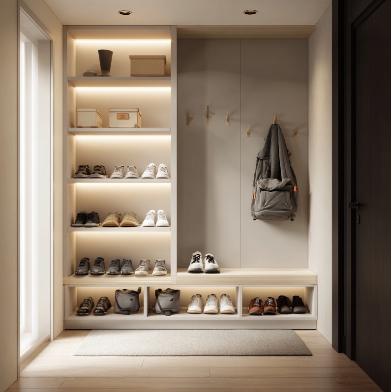 정리된 현관과 밝은 조명이 있는 아파트 입구