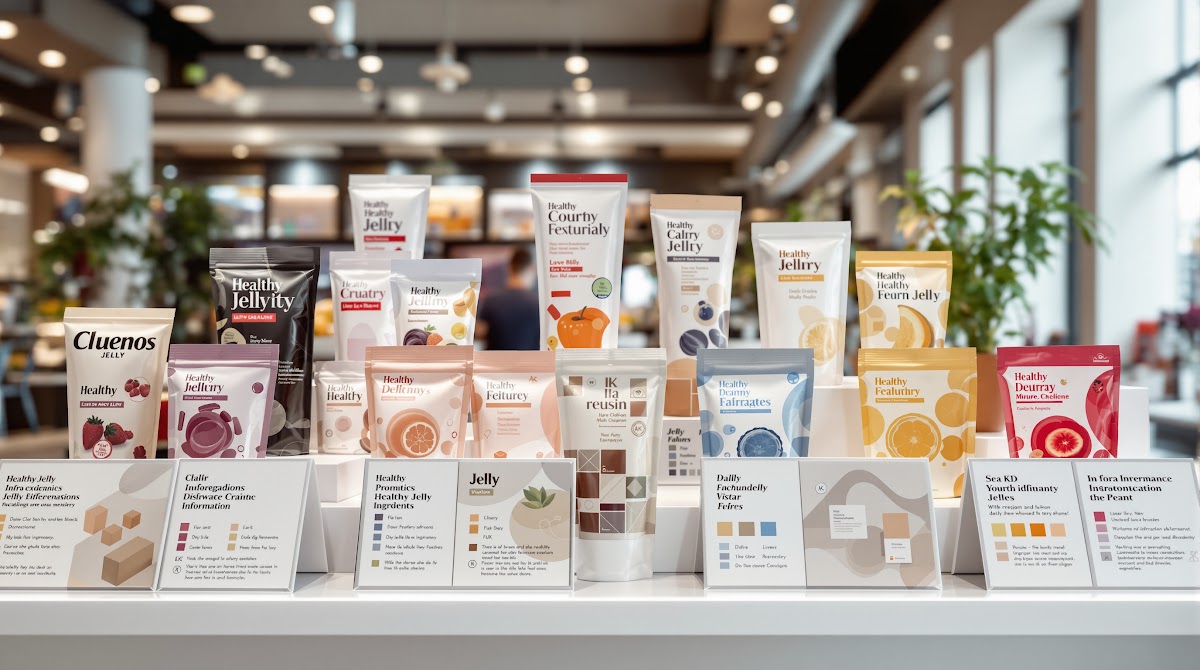 여러 브랜드의 건강한젤리추천 제품별 영양성분표와 기능성 표시가 한눈에 보이도록 비교 표가 정리되어 있고, 각 젤리의 포장과 성분 차이를 설명하는 정보 카드가 정돈된 모습