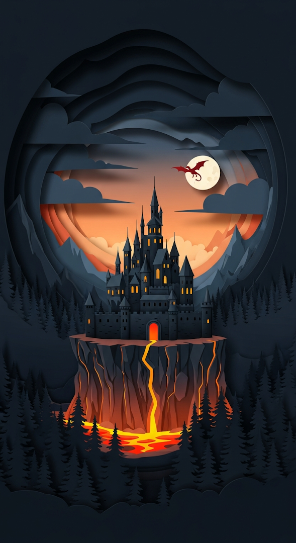 Dark Fantasy Castle Paper Art Lava Cracks and Red Dragon