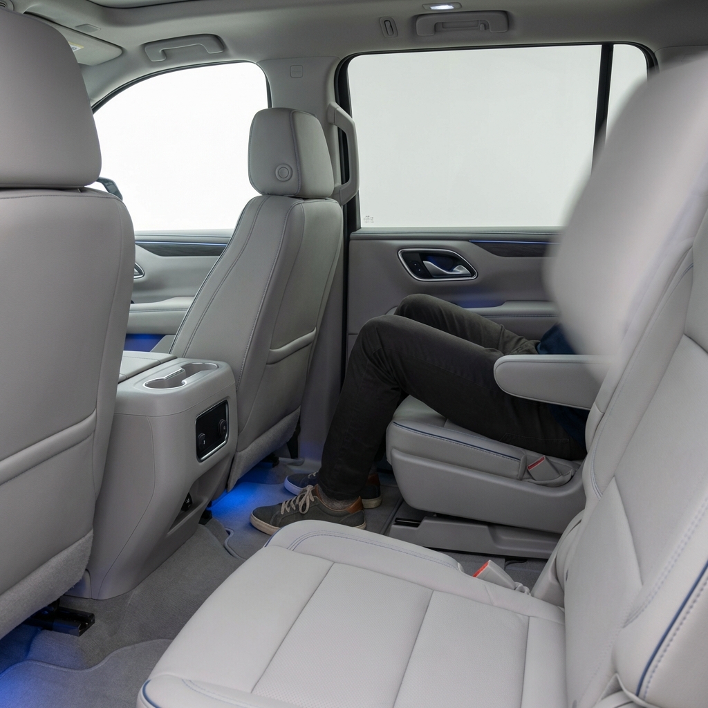 Interior third row legroom view showing an adult seated in a chevrolet suburban for sale highlighting generous knee clearance and spacious footwell on a white minimalist background