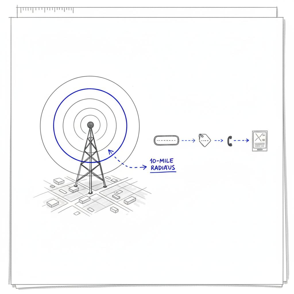Notebook-style sketch of a radio tower with concentric city coverage rings highlighting a 10-mile radius, plus icons for short URL, promo code and phone linking to a landing page &mdash; radio ad planning.