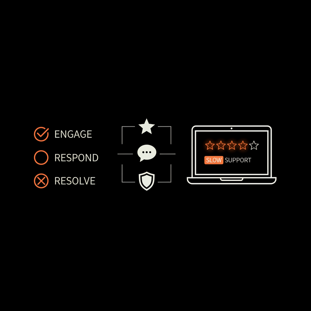 Minimal vector infographic on black background showing a checklist with ticks and crosses and a laptop review card, visual guide to pay to remove bad reviews
